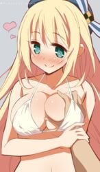 9law artist_signature atago_(kantai_collection) bikini bikini_top blonde_hair blush breast_grab breasts female green_eyes grey_background groping guided_breast_grab hat heart high_resolution kantai_collection large_breasts long_hair male male_pov pov simple_background smile solo_focus swimsuit