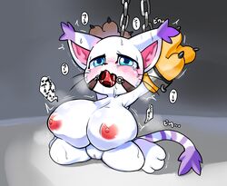 anthro ball_gag bodily_fluids breast_expansion breasts censored chains computer_virus digimon digimon_(species) female gag gatomon hi_res invalid_tag japanese_text mosaic_censoring nipples pussy saliva shaking shivering solo sweat swollen_breasts tears text unknown_artist usb