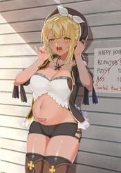 alternate_costume alternate_hair_color atelier_ryza big_belly blonde_hair clothed dark_skin fellatio_gesture female hair_ribbon navel navel_piercing necklace nojo open_mouth piercing pregnant price pricelist prostitution reisalin_stout saliva standing suggestive tagme tanline tattoo thighhigh_boots thighs tongue_out yellow_eyes