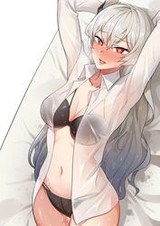 arms_behind_head bikini black_bikini blush dripping female_only heart-shaped_pupils original_character pinup see-through see-through_clothing solo_female white_hair yukarimarry