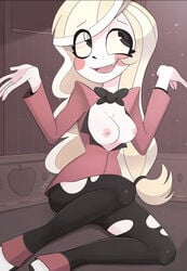 1girls blonde_hair breasts charlie_morningstar clothing exposed_breasts female hazbin_hotel long_hair ohiekhe open_mouth ripped_pants shrug straight_hair tuxedo vivienne_medrano