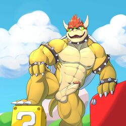 1:1 1boy 2019 anthro balls bara big_muscles bowser detailed_background erection front_view hi_res humanoid_penis jrjresq koopa looking_at_viewer male male_only mario_(series) muscular muscular_male nintendo nude open_mouth outdoors penis reptile scalie sky smile solo super_mario_bros. testicles vein veiny_penis video_games yaoi