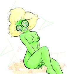 1girls blonde_hair blush breasts color cute_fang female female_only flower front_view gem gem_(species) glasses green_eyes green_skin nipples peridot_(steven_universe) round_glasses simple_background smile solo solo_female steven_universe tagme thighs vallycuts white_background