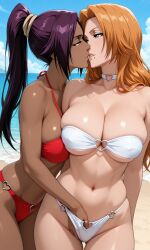 2girls ai_generated alternate_costume arms_behind_back bangs bare_arms bare_legs bare_shoulders beach big_breasts bikini bleach breast_press breasts choker cleavage cloud collarbone couple dark-skinned_female dark_skin day duo eye_contact female/female female_only fingering fingering_partner fingering_through_clothes godzillaninja2019 grin half-closed_eyes heart heart_necklace heart_o-ring high_ponytail imminent_kiss interracial interracial_couple interracial_yuri jewelry kissing long_hair looking_at_another love matsumoto_rangiku midriff mole mole_under_mouth multiple_females multiple_girls mutual_yuri naughty_face navel neck necklace o-ring o-ring_bikini o-ring_choker o-ring_swimsuit ocean orange_hair outdoors parted_bangs parted_lips ponytail purple_hair red_bikini red_swimsuit romantic romantic_couple sand shihouin_yoruichi sky smile standing straight_hair strapless strapless_bikini strapless_swimsuit swimsuit thighs tied_hair underboob water white_bikini white_choker white_swimsuit yuri
