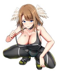 1girls big_breasts blue_eyes breasts brown_hair colored eunie_(xenoblade) exposed_breast exposing exposing_self looking_at_viewer medium_hair monolith_soft nervous nintendo nipple nipple_peek noeomi pulling_clothing smile sneakers tagme thick_thighs thighs tight_clothing wings wings_on_head xenoblade_(series) xenoblade_chronicles_3