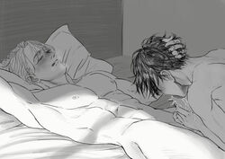 2boys blowjob blush canon_couple closed_eyes fellatio fingers_through_hair gay hair_grab hand_in_hair hand_on_hair hand_on_head head_grab katsuki_yuuri liam_yoi lying monochrome muscles muscular muscular_male nude on_bed oral pillow sex soft viktor_nikiforov yaoi yuri!!!_on_ice