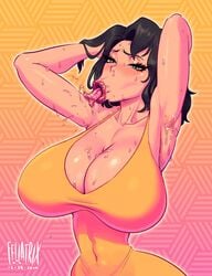 1girls :>= angry_dragon animated armpits big_lips bimbo black_hair blue_eyes breasts cleavage fellatrix female female_only huge_breasts large_tongue lipstick looking_at_viewer olivia_(fellatrix) saliva slideshow solo sweat tongue_out veiny_breasts wide_hips