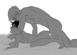 2boys anal anal_penetration anal_sex ass bigger_dom black_hair black_hair_bottom canon_couple cum cum_in_ass cum_inside doggy_style domination engagement_ring from_behind from_behind_position gay katsuki_yuuri liam_yoi light_hair_on_dark_hair male male_only male_penetrated male_penetrating_male monochrome muscular_male nude penis prone_bone ring sex size_difference viktor_nikiforov white_background white_hair white_hair_on_black_hair white_hair_top yaoi yuri!!!_on_ice