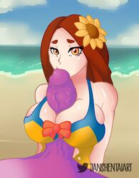 1boy 1girls alistar artist_name auburn_hair beach between_breasts big_breasts big_penis cleavage fellatio flower_in_hair huge_breasts huge_cock just_the_tip league_of_legends leona_(league_of_legends) male_pov ocean one-piece_swimsuit oral paizuri paizuri_under_clothes penis penis_between_breasts penis_kiss pool_party_leona purple_penis red_ribbon sand sea seaside shiny_skin size_difference sunflower swimsuit twitter_username vein veiny_penis watermark wide_penis