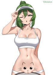 ;o arknights arknights:_endfield artist_name body_writing breasts cleavage commentary do_you_want_to_pet_my_cat_(meme) female fluorite_(arknights:_endfield) green_eyes green_hair highres large_breasts looking_at_viewer medium_hair meme navel one_eye_closed panties ponytail pussy simple_background solo sports_bra stomach torusava uncensored underwear visor_cap white_background white_panties white_sports_bra