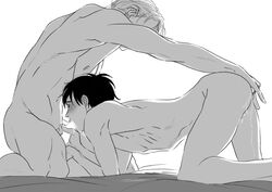 2boys all_fours anal anal_fingering ass blowjob canon_couple deepthroat fellatio fingering gay katsuki_yuuri kneeling liam_yoi monochrome muscular_male nude oral sex viktor_nikiforov white_background yaoi yuri!!!_on_ice