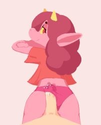 aliasing animated ass binary_drawing bodily_fluids clothing clothing_aside digital_drawing_(artwork) digital_media_(artwork) female foreskin genital_fluids genitals hair horn hot_dogging long_hair looking_at_viewer looking_back looking_pleasured loop lying male male/female mondealy on_front panties panties_aside penis pink_body pixelated precum precum_through_clothing precum_through_underwear riley_(mondealy) sex shaded shirt simple_background simple_shading smile topwear uglycoal underwear underwear_aside wet wet_clothing yellow_sclera