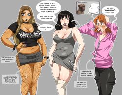 3girls assthethick big_breasts bimbo black_hair blonde_hair chelsea_(assthethick) chubby chubby_female english_text goth goth_girl gothic horny horny_female huge_breasts large_breasts maya_(assthethick) meme_in_the_background meme_reference nerdy_female neuron_activation neuron_activation_(meme) nosebleed orange_hair outfit_swap oversized_clothes overweight overweight_female piercing piercings ripped_clothing ripped_pantyhose sofia_(assthethick) sweat sweating tan_body tan_skin text