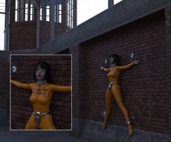 1girls 3d bodysuit bondage bound bound_to_wall chains chastity chastity_belt chastity_device clothed_bondage fantasytubasa female female_chastity female_only female_prisoner femsub fully_clothed fully_clothed_female latex latex_bodysuit latex_clothing orange_bodysuit original prisoner rubber rubber_clothing shiny_clothes stationary_restraints steel_bondage tight_clothing