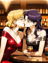 2girls ai_generated akagi_ritsuko alcohol alternate_costume arm_at_side bangs bar_(place) bare_arms bare_shoulders black_dress blonde_female blonde_hair blurry blurry_background blush bottle breasts brown_eyes cleavage closed_mouth collarbone couple dress drink drinking_glass duo earrings eye_contact female/female female_only friends glass godzillaninja2019 half-closed_eyes holding holding_drink holding_drinking_glass indoors jewelry katsuragi_misato kissing lips lipstick long_hair looking_at_another love makeup medium_breasts misato_katsuragi mole mole_under_eye multiple_females multiple_girls mutual_yuri nail_polish neck necklace neon_genesis_evangelion off-shoulder_dress off_shoulder parted_bangs pink_lipstick purple_hair red_dress red_earrings red_lipstick red_nails ritsuko_akagi romantic romantic_couple shiny shiny_clothes shiny_dress short_hair sidelocks sitting smile straight_hair stud_earrings table upper_body whisky yuri