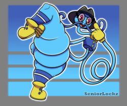 balancing big_ass big_butt big_butt_(male) blue_body blue_skin boots bottomless daddy_long_legs_(poppy_playtime) dilf fedora femboy flexible gloves long_arms magenta_eyes moustache one_leg poppy_playtime raised_knee raised_leg seniorlockz side_character spider testicles