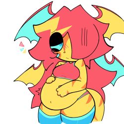 1girls bat_wings blue_eyes blue_sclera breasts cute embarrassed humanoid non-human orange_markings original_character pregnant pregnant_female red_hair thick_thighs tr3ebranch wings_on_head yellow_body