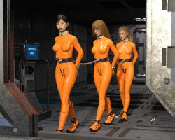 3d 3girls bodysuit bondage coffle fantasytubasa female female_only full_body latex_bodysuit multiple_girls orange_bodysuit original prisoner