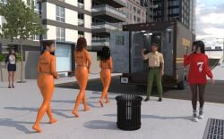 1boy 3d 5girls bodysuit chained_together coffle fantasytubasa female fully_clothed latex_bodysuit male orange_bodysuit original prisoner
