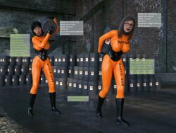 2girls 3d black_boots bodysuit boots english_text fantasytubasa female female_only forced_labor full_body fully_clothed fully_clothed_female gloves latex latex_bodysuit latex_gloves orange_bondsuit original prisoner rubber_boots