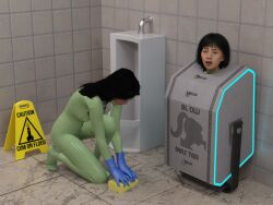 2girls 3d bodysuit bondage bound encasement fantasytubasa female female_only femsub fully_clothed fully_clothed_female green_bodysuit in_container latex latex_bodysuit latex_clothing oral_slave original shiny_clothes slave stationary_restraints tight_clothing urinal