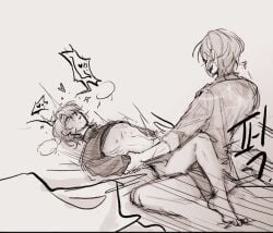 project_sekai yaoi moaning gay gay_sex penetration holding_hands thrusting_into_ass thrusting tenma_tsukasa kamishiro_rui monochrome black_and_white korean_text