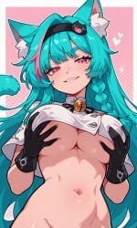 1girls ai_generated animal_ear_fluff animal_ears aqua_eyes aqua_hair barely_clothed bell biting_lip biting_own_lip black_gloves black_hairband braid capelet cat_bell cat_ears cat_tail crop_top eye_contact female female_only gloves grabbing_own_breast hairband half-closed_eyes long_hair looking_at_viewer massive_breasts midriff mint_(neverness_to_everness) mint_hair navel neck_bell neverness_to_everness nipple_bulge nipple_play nipples_visible_through_clothing simple_background single_braid solo teasing underboob