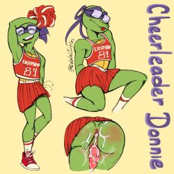 animal_genitalia animal_penis anthro anus bodily_fluids bottomwear butt cheerleader cheerleader_outfit clothed clothing crossdressing cum cum_from_ass cum_in_ass cum_inside cum_on_butt cum_string digital_media_(artwork) donatello_(tmnt) ejaculation english_text erection eyes_closed eyewear footwear genital_fluids genital_slit genitals glasses hi_res holding_pom_poms leaking_cum male no_underwear penis pom_poms relatedturtles reptile scalie shell shirt shoes simple_background skirt slit_penis smile socks solo tank_top teenage_mutant_ninja_turtles text tongue tongue_out topwear turtle wearing_glasses