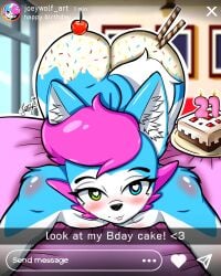 1femboy anthro ass ass_bigger_than_head ass_cheeks ass_focus ass_up bedroom bedroom_background big_ass big_booty birthday birthday_cake bisexual bisexual_male blue_eye blue_eyes blue_fur booty cake cake_on_ass caked_up cherry femboy fluffy_ears fluffy_tail front_view furry furry_only gay green_eyes happy heart-shaped_pupils heterochromia history instagram_story instagram_username joey_wolf joey_wolfhound_(joey_wolf) minecraft naked nude pink_hair selfie short_hair white_fur