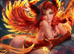 cute feathers female fire green_eyes highres looking_at_viewer original phoenix red_hair sakimichan seductive smile wings