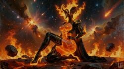 ai_assisted ai_generated armor armored_female ass bare_breasts bare_chest bare_midriff big_breasts breasts cloak elegant ember_(warframe) ember_heirloom_(warframe) female female_only fire flames glowing glowing_body glowing_nipples high_heels highres kneeling nipples orange_skin patreon sexy space thigh_boots thighhighs thighs tripleize wallpaper warframe watermark