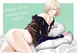 1boy androgynous ass bare_shoulders bishonen blonde_hair bottomless english_text green_eyes hair_over_one_eye heilar heilariart looking_at_viewer male male_only pillow pose short_hair solo yuri!!!_on_ice yuri_plisetsky