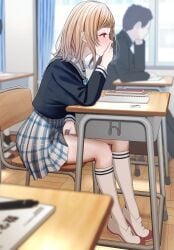 1boy 1girls blush brown_eyes brown_hair chair classroom collared_shirt commentary_request covering_mouth depth_of_field desk eraser female female_ejaculation female_ejaculation_through_clothing female_focus female_pervert fingering heavy_breathing highres holding holding_pen idolmaster idolmaster_shiny_colors knee_socks kneesocks male masturbation miniskirt pen pervert plaid plaid_skirt pleated_skirt pussy pussy_juice sakuragi_mano school_uniform shirt sitting skirt socks solo_focus stealth_masturbation sweatdrop turisasu uwabaki white_legwear wooden_floor