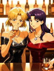 2girls ai_generated akagi_ritsuko alcohol alternate_costume arm_at_side bangs bar_(place) bare_arms bare_shoulders black_dress blonde_female blonde_hair blurry blurry_background blush bottle breasts brown_eyes cleavage collarbone couple cross cross_necklace dress drink drinking_glass duo earrings female/female female_only friends glass godzillaninja2019 grin hand_up holding holding_drink holding_drinking_glass indoors jewelry katsuragi_misato lips lipstick long_hair looking_at_viewer love makeup medium_breasts misato_katsuragi multiple_females multiple_girls mutual_yuri nail_polish neck necklace neon_genesis_evangelion off-shoulder_dress off_shoulder parted_bangs parted_lips purple_hair red_dress red_earrings red_lipstick red_nails reflection ritsuko_akagi romantic romantic_couple short_hair side-by-side sidelocks sitting smile straight_hair stud_earrings table upper_body whisky yuri