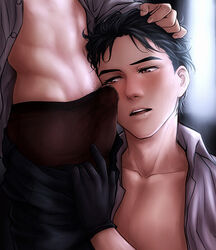 2boys black_hair black_hair_bottom bulge canon_couple close-up domination erection erection_under_clothes gay gloves head_against_stomach imminent_fellatio katsuki_yuuri light_hair_on_dark_hair looking_at_penis nae812 open_clothes penis_bulge precum underwear viktor_nikiforov white_hair white_hair_on_black_hair white_hair_top yaoi yuri!!!_on_ice