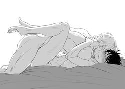 2boys anal anal_penetration anal_sex black_hair black_hair_bottom blush canon_couple curled_toes domination gay katsuki_yuuri kissing_neck liam_yoi light_hair_on_dark_hair male male_only missionary_position monochrome multiple_boys muscular_male nude receiving_on_back sex sketch viktor_nikiforov white_background white_hair white_hair_on_black_hair white_hair_top yaoi yuri!!!_on_ice