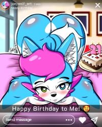 1femboy anthro ass ass_bigger_than_head ass_cheeks ass_focus ass_up bedroom bedroom_background big_ass big_booty birthday birthday_cake bisexual bisexual_male blue_eye blue_eyes blue_fur booty cake cake_on_ass caked_up cherry femboy fluffy_ears fluffy_tail front_view furry furry_only gay green_eyes happy heart-shaped_pupils heterochromia history instagram_story instagram_username joey_wolf joey_wolfhound_(joey_wolf) minecraft naked nude pink_hair selfie short_hair white_fur