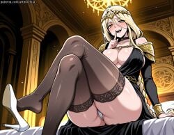 ai_generated artmochiia ass big_breasts black_dress black_legwear blonde_hair blush breasts choker cleavage crossed_legs curvaceous curvaceous_female curvaceous_figure curvy curvy_figure dress elden_ring fanart female female_focus finger_to_mouth fromsoftware high_heels indoors jewelry large_breasts long_hair looking_at_viewer mole open_mouth panties queen_marika_the_eternal shoe_dangle sitting skindentation smile sweat thighhighs thighs tiara uncensored underwear voluptuous voluptuous_female white_footwear yellow_eyes