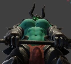 3d 3d_(artwork) 3d_model 3d_render armored armored_male augghles bara bara_tiddies bara_tits down_angle down_view gay helmet helmet_only huge_pecs humanoid league_of_legends looking_at_viewer looking_down looking_down_at_viewer masked masked_male masked_men masked_only mordekaiser