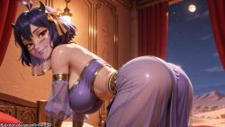 ai_generated all_fours antenna_hair arabian_clothes armlet ass bare_shoulders black_clover breasts curtains detached_sleeves female full_moon hair_ribbon harem_outfit harem_pants horns indoors large_breasts looking_at_viewer meitabuu moon mouth_veil night pants parted_lips purple_hair red_eyes ribbon secre_swallowtail see-through short_hair sky smile solo veil