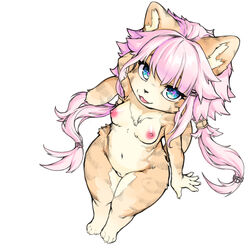 1:1 2019 4_toes 5_fingers areola blue_eyes breasts claws felid feline female fingers fur furry hair hi_res inner_ear_fluff kemono mammal navel nipples nude open_mouth open_smile pink_hair pink_tongue pussy rapel simple_background smile solo toe_claws toes tongue tuft white_background