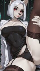 1girl ai_generated animal_ears ashe_(overwatch) black_dress black_panties black_thighhighs breasts cleavage clothes_lift covered_navel decurse dress furry furry_female garter_straps large_breasts leg_up looking_at_viewer makeup mole_under_mouth overwatch overwatch_2 panties red_eyes red_lips short_hair sitting solo spread_legs strapless thighhighs underwear white_coat white_hair