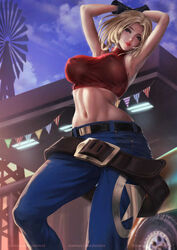 armpits blonde_hair blue_mary breasts crop_top erect_nipples erect_nipples_under_clothes female highres jeans king_of_fighters large_breasts lexaiduer lipstick navel snk solo tagme tank_top