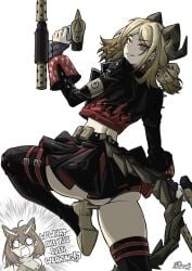 2girls aged_up animal_ears arknights ass big_ass blonde_hair burnice_white_(cosplay) cosplay english_text female female_only flamethrower furauji heels high_heels ifrit_(arknights) multiple_girls orange_eyes pose posing silence_(arknights) skirt_lift smile text wig zenless_zone_zero
