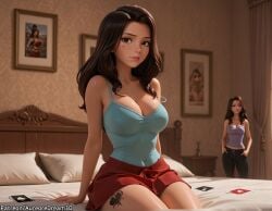 ai_generated bed bedroom black_hair breasts brown_eyes camisole cana_alberona card cleavage fairy_tail female hands_in_pockets indoors large_breasts lips long_hair looking_at_viewer meitabuu mole on_bed photo_(object) pillow playing_card red_skirt sitting skirt solo tattoo