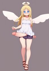 1femboy 1male absurd_res absurdres ai_generated angel angel_wings balls_under_clothes big_balls big_cock big_dick big_penis black_shorts blonde_hair blue_eyes blush crimvael femboy huge_balls huge_cock hung hung_femboy hung_trap ishuzoku_reviewers large_balls large_cock large_dick large_penis novelai penis sandals stable_diffusion white_shirt