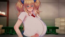 10s 1boy1girl 2024 3d_animation abstract_background animated big_breasts blue_eyes blush breasts breasts_bigger_than_head clothed clothing color colored female flushed flushed_face flustered fully_clothed hair hi_res hitting_penis_with_breasts huge_breasts koikatsu large_breasts light_skin light_skinned_female longer_than_10_seconds looking_at_viewer male male/female moving_breasts no_sound onisaki_kirara penis ponytail pov pov_male shorter_than_30_seconds slapping_with_breasts ss_sakuya_ss tagme taimanin_(series) taimanin_rpgx tits_bigger_than_head upper_body video yellow_hair
