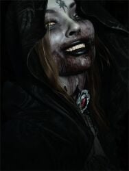 3d 3d_(artwork) 3d_model 3d_render bela_(resident_evil) bela_dimitrescu black_lips black_lipstick blonde_female blonde_hair blood_on_face gem goth goth_girl green_eyes grey_skin jewelry looking_at_viewer necklace pale_skin realistic resident_evil resident_evil_8:_village smile smiling tattoo tattoo_on_forehead vampire word2