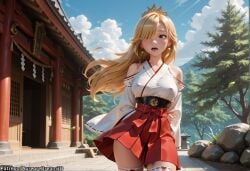 ai_generated bare_shoulders blonde_hair blue_sky blush breasts cloud covered_nipples cowboy_shot day detached_sleeves earrings female hair_over_one_eye hakama hakama_short_skirt hakama_skirt japanese_clothes jewelry large_breasts long_hair looking_at_viewer mario_(series) meitabuu miko nintendo open_mouth outdoors princess_rosalina red_ ribbon-trimmed_legwear ribbon-trimmed_sleeves ribbon_trim rope rosalina shide shrine skirt sky solo stairs super_mario_bros. thighhighs torii tree white_thighhighs wide_sleeves wind zettai_ryouiki