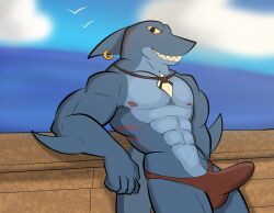 abs admiralgus1897 anthro aquatic biceps blue_body bulge clothing dungeons_of_aether fish genitals hi_res looking_at_viewer male muscular muscular_anthro muscular_male nipples pecs penis piercing rivals_of_aether shark sharp_teeth slade_(dungeons_of_aether) solo speedo swimwear teeth
